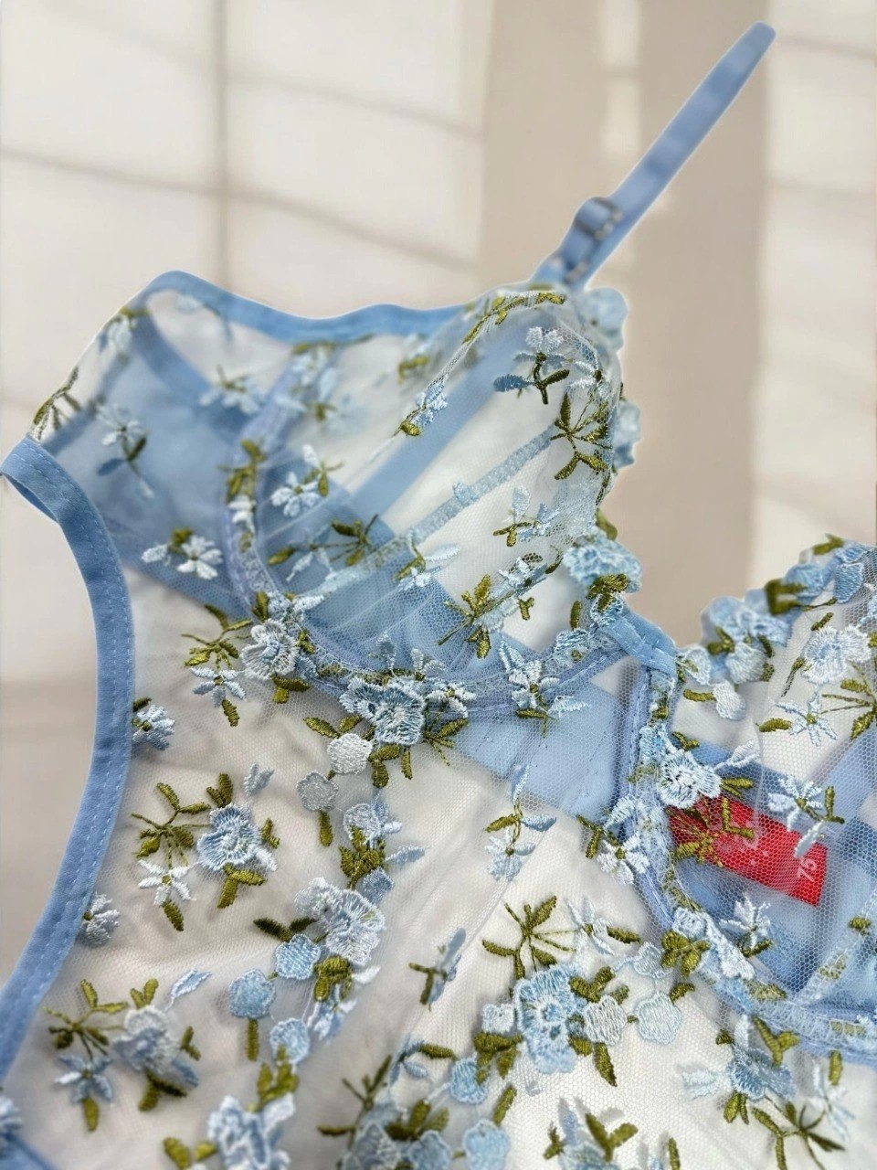 Arona Kadın Çiçek Desenli Transparan Vücuda Oturan Mavi Bodysuit - 123 görsel 3