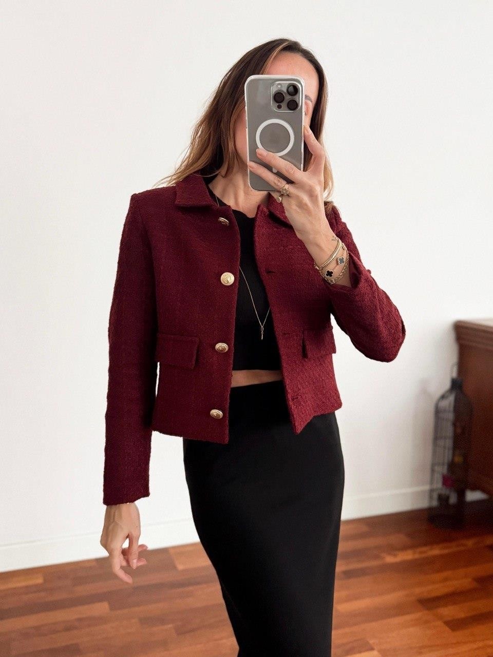 Maldia Kadın Dore Düğmeli Blazer Bordo Tüvit Ceket