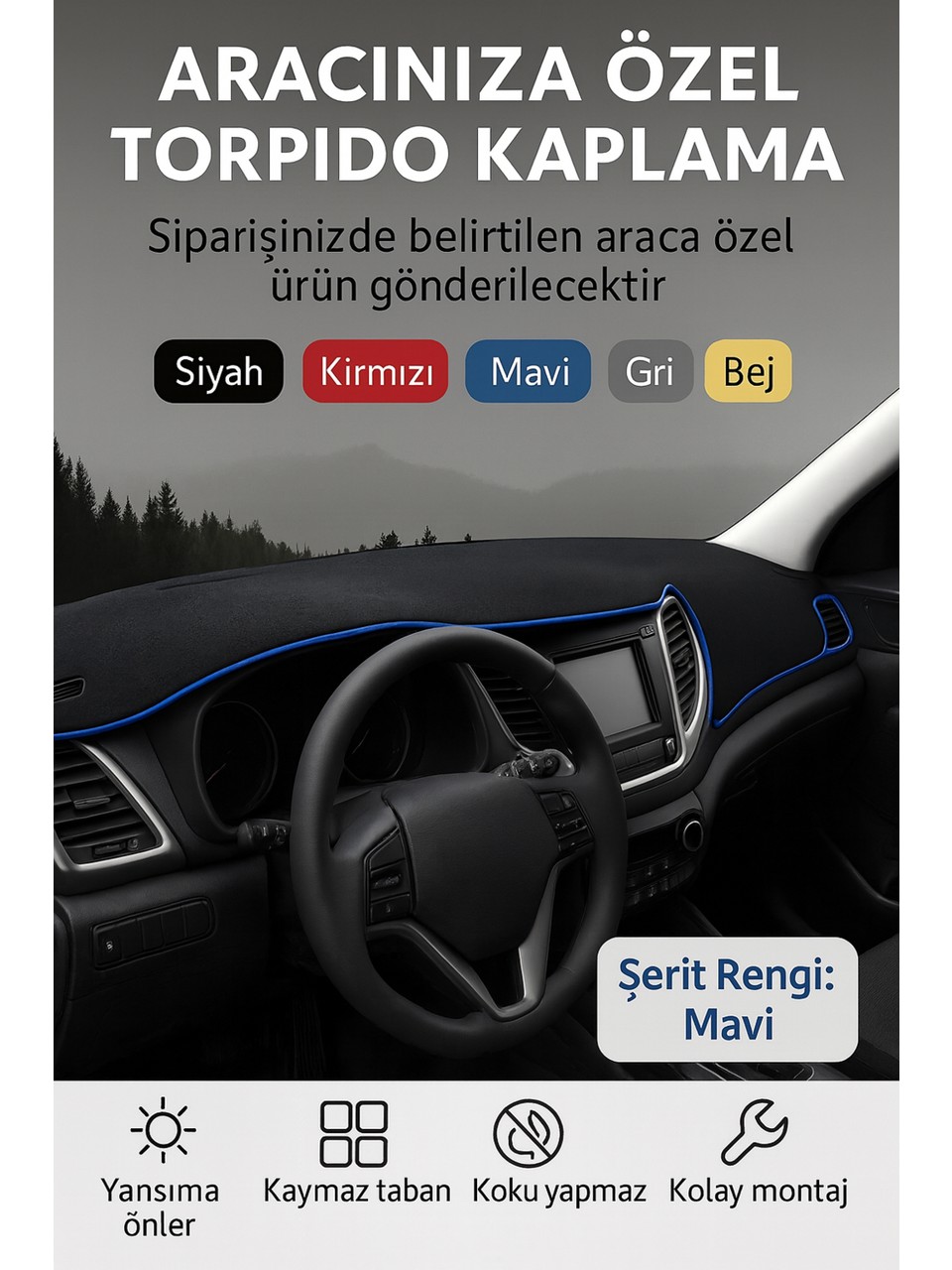 Renault Laguna 2 (2002-2005) - 3D Torpido Koruma Kılıfı - Ön Göğüs Kaplama - Mavi Şerit TROBUS Laguna