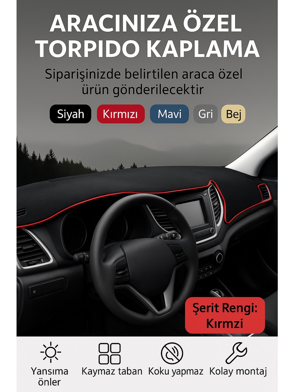 Dacıa Duster 2013-2018 - 3D Torpido Koruma Kılıfı - Ön Göğüs Kaplama - Kırmızı Şerit TROBUS Duster