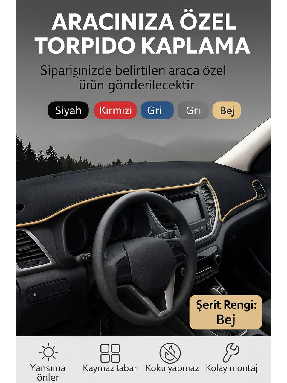 Mercedes W204 C180 2011-2015 - 3D Torpido Koruma Kılıfı - Ön Göğüs Kaplama - Bej Şerit TROBUS W123