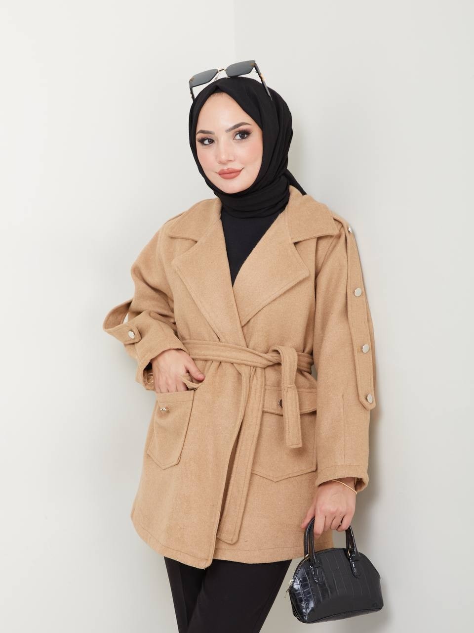 RFK Butik Kadın Seyyar Kemerli Kaşe Kaban - Taba