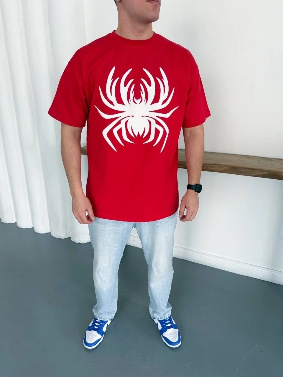 Tarz Yeri Erkek Örümcek Baskılı Tişört Kısa Kollu Bisiklet Yaka T-Shirt - Kırmızı görsel 2