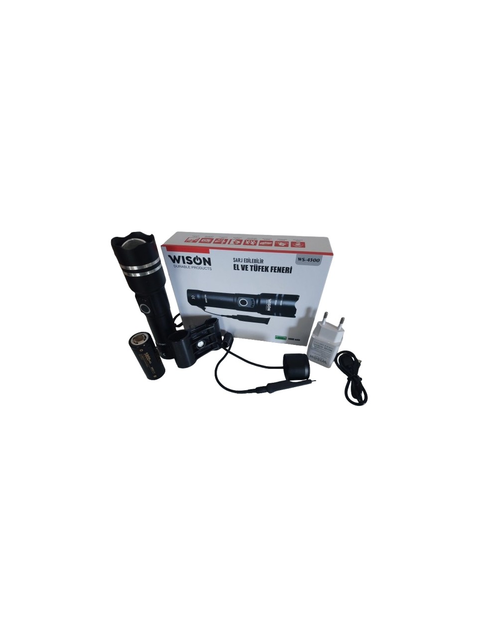 WS-4500 2000 Lüm. Şarj Edilebilir 2in1 El ve Tüfek Feneri Seti – 5000MAH Batarya + SilaH
