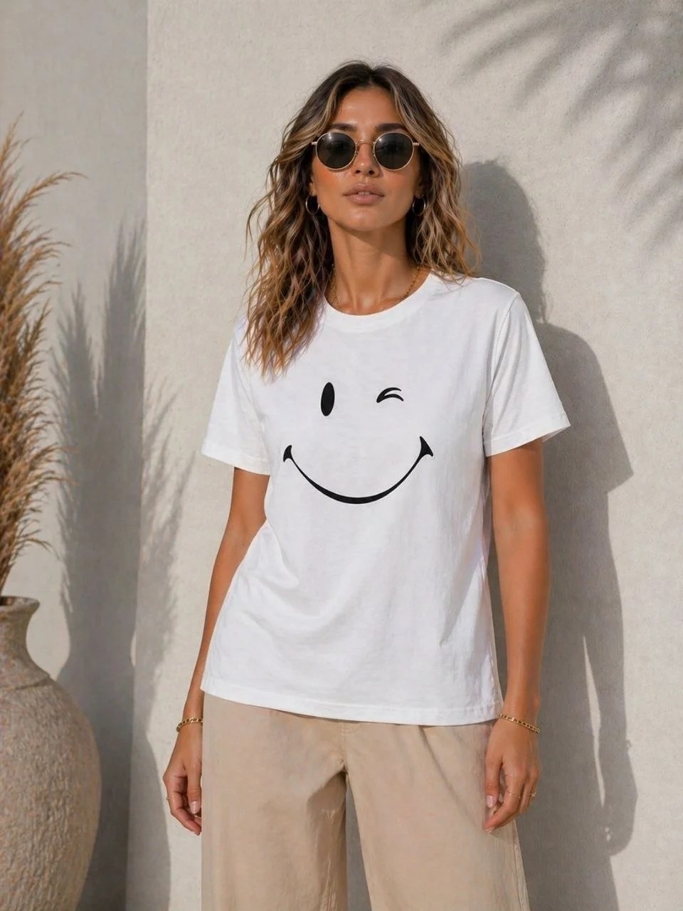 Tarz Yeri Kadın Minimal Gülümseyen Yüz Baskılı Tişört Kısa Kol Yazlık T-Shirt - Beyaz