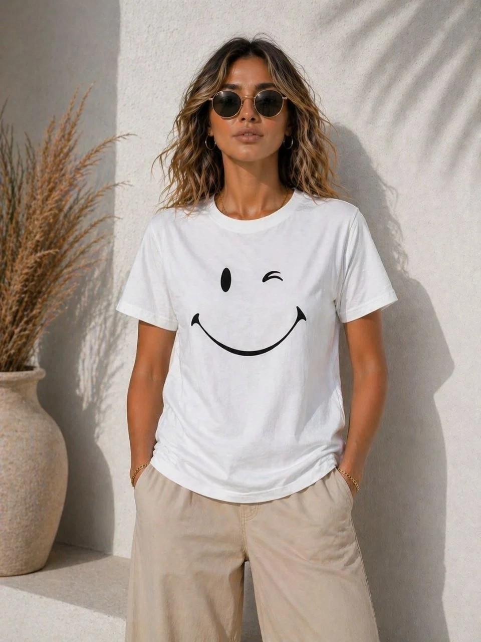 Tarz Yeri Kadın Minimal Gülümseyen Yüz Baskılı Tişört Kısa Kol Yazlık T-Shirt - Beyaz görsel 2