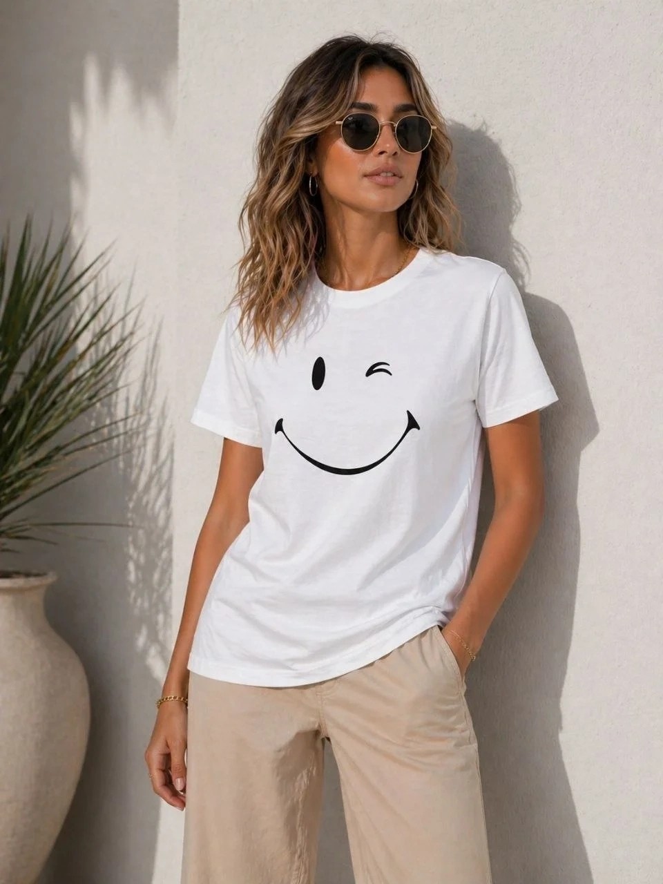 Tarz Yeri Kadın Minimal Gülümseyen Yüz Baskılı Tişört Kısa Kol Yazlık T-Shirt - Beyaz görsel 3