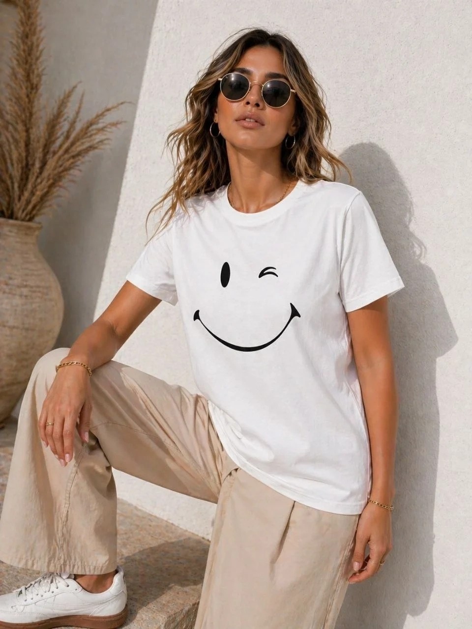 Tarz Yeri Kadın Minimal Gülümseyen Yüz Baskılı Tişört Kısa Kol Yazlık T-Shirt - Beyaz görsel 4