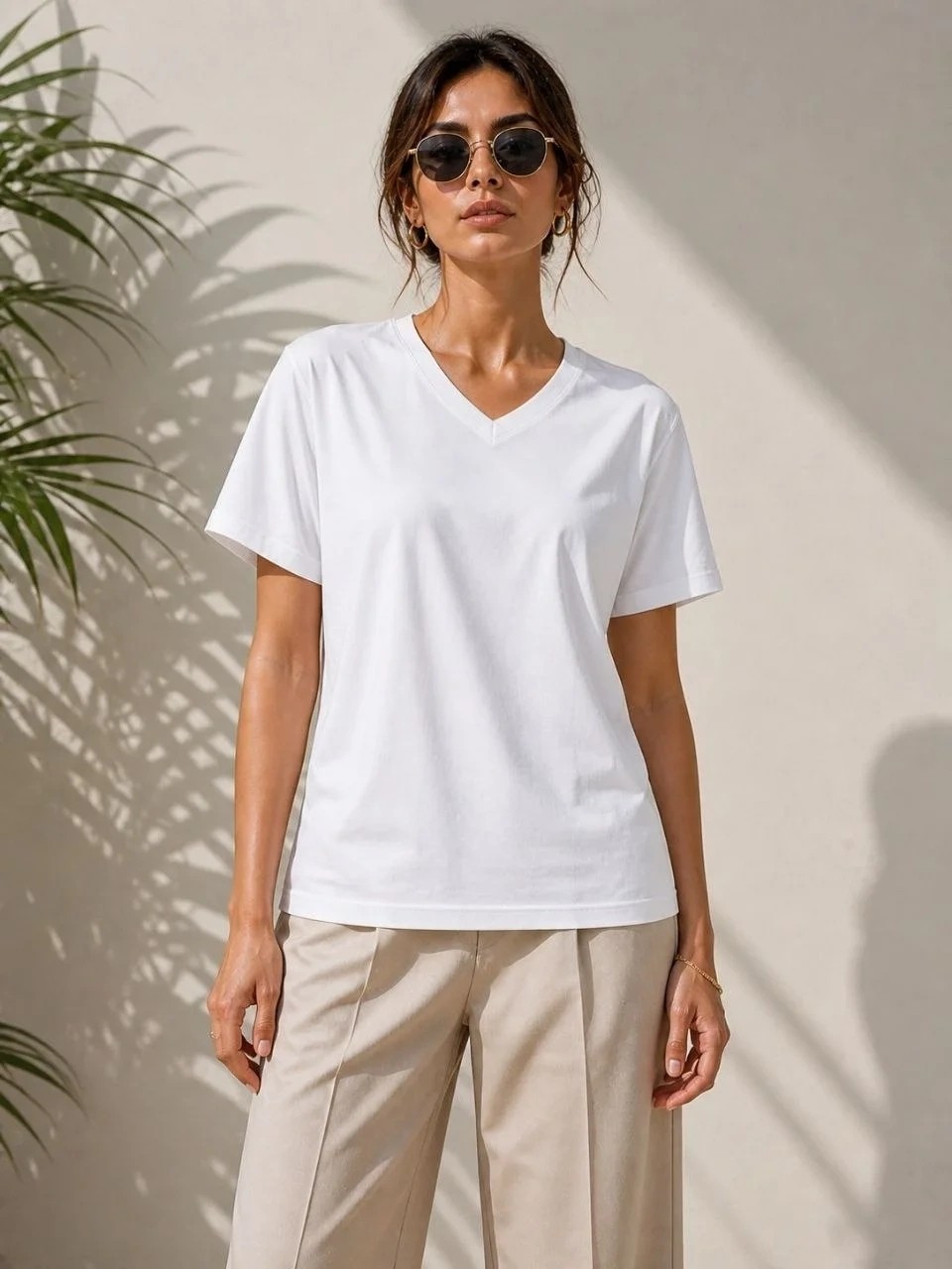 Tarz Yeri Kadın V Yaka Basic Tişört Kısa Kol Yazlık Regular Fit T-Shirt - Beyaz görsel 3