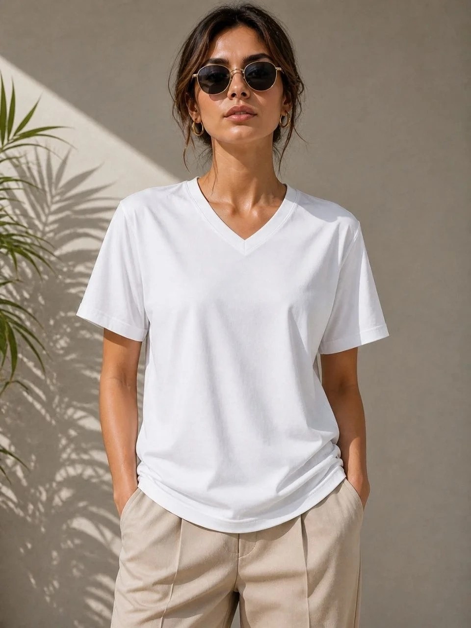 Tarz Yeri Kadın V Yaka Basic Tişört Kısa Kol Yazlık Regular Fit T-Shirt - Beyaz görsel 4