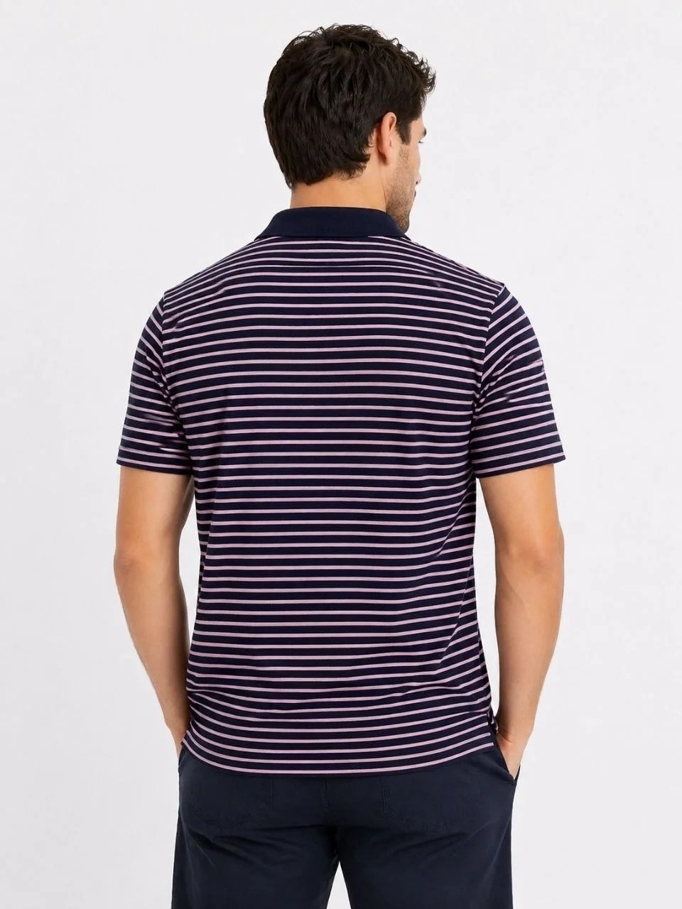 Tarz Yeri Erkek Pike Kumaş Gül Kurusu Çizgili Polo Yaka Tişört Kısa Kol T-Shirt - Siyah görsel 3