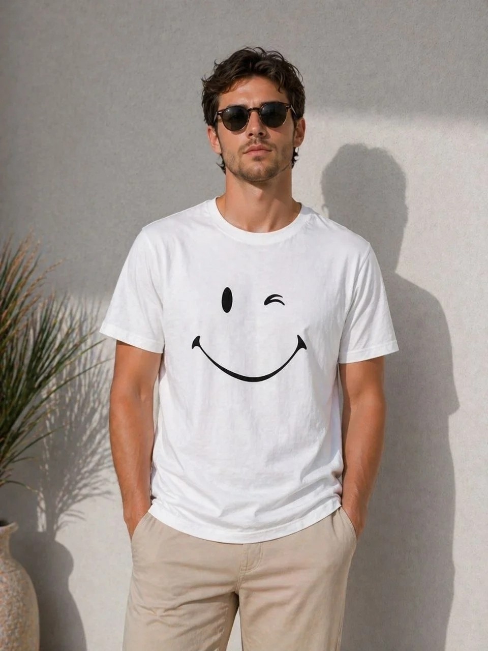 Tarz Yeri Erkek Minimal Gülümseyen Yüz Baskılı Tişört Kısa Kol Yazlık T-Shirt - Beyaz görsel 2