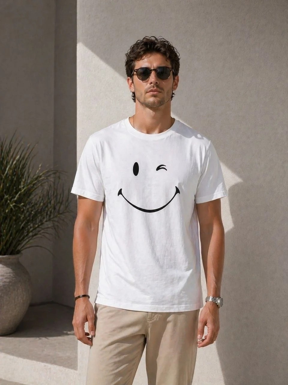 Tarz Yeri Erkek Minimal Gülümseyen Yüz Baskılı Tişört Kısa Kol Yazlık T-Shirt - Beyaz görsel 3