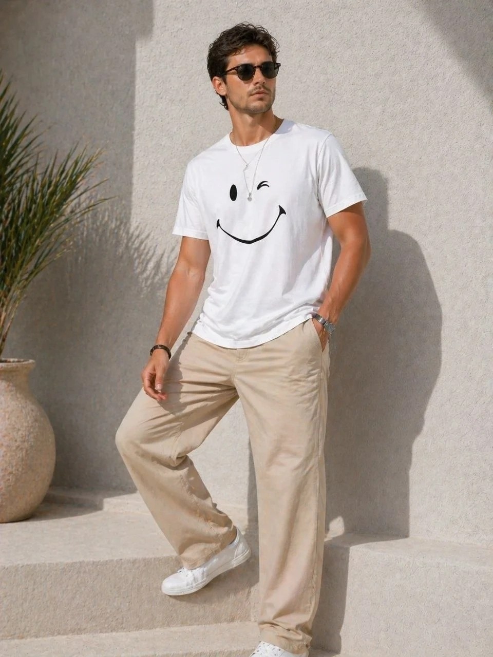 Tarz Yeri Erkek Minimal Gülümseyen Yüz Baskılı Tişört Kısa Kol Yazlık T-Shirt - Beyaz görsel 4