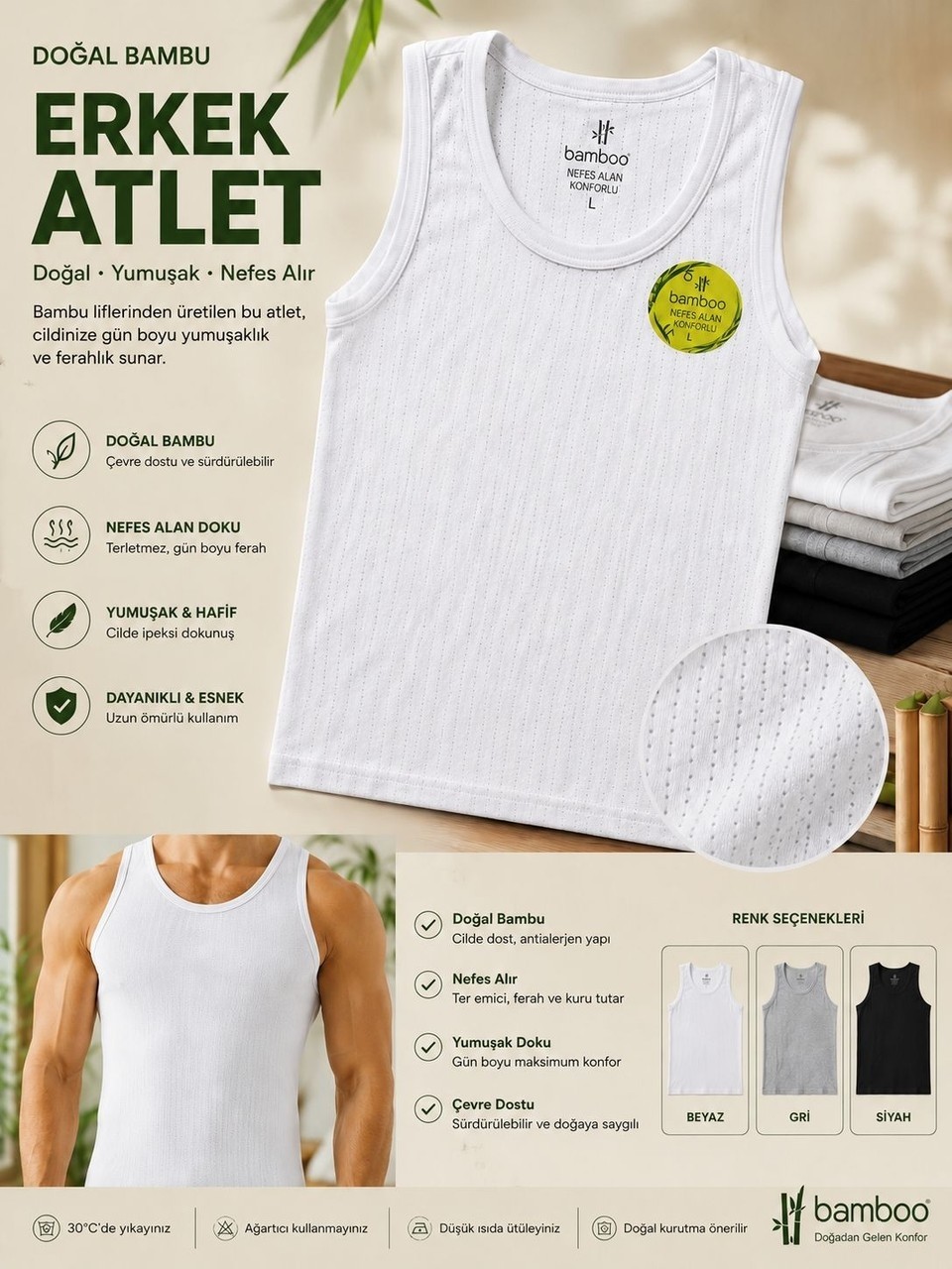 Anıt Doğal Bambu Erkek Atlet, Nefes Alan Yumuşak Doku /3 Adet görsel 2