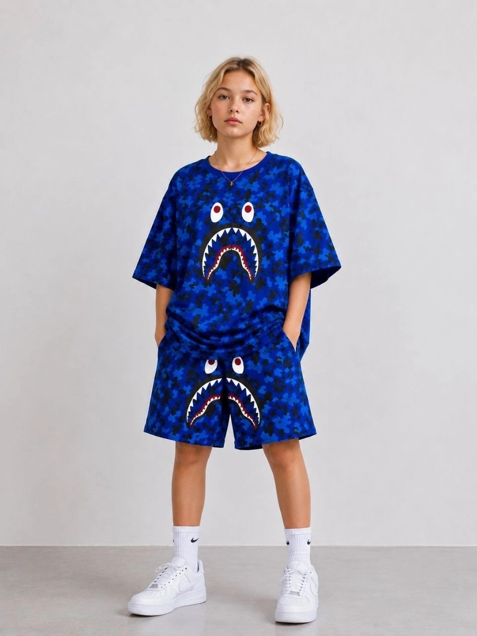 Hace Bazaar Erkek Çocuk Oversize Kalıp Pubg Bape x Shark Nakışlı Cepli Şort Takım - Siyah -Hcb görsel 3
