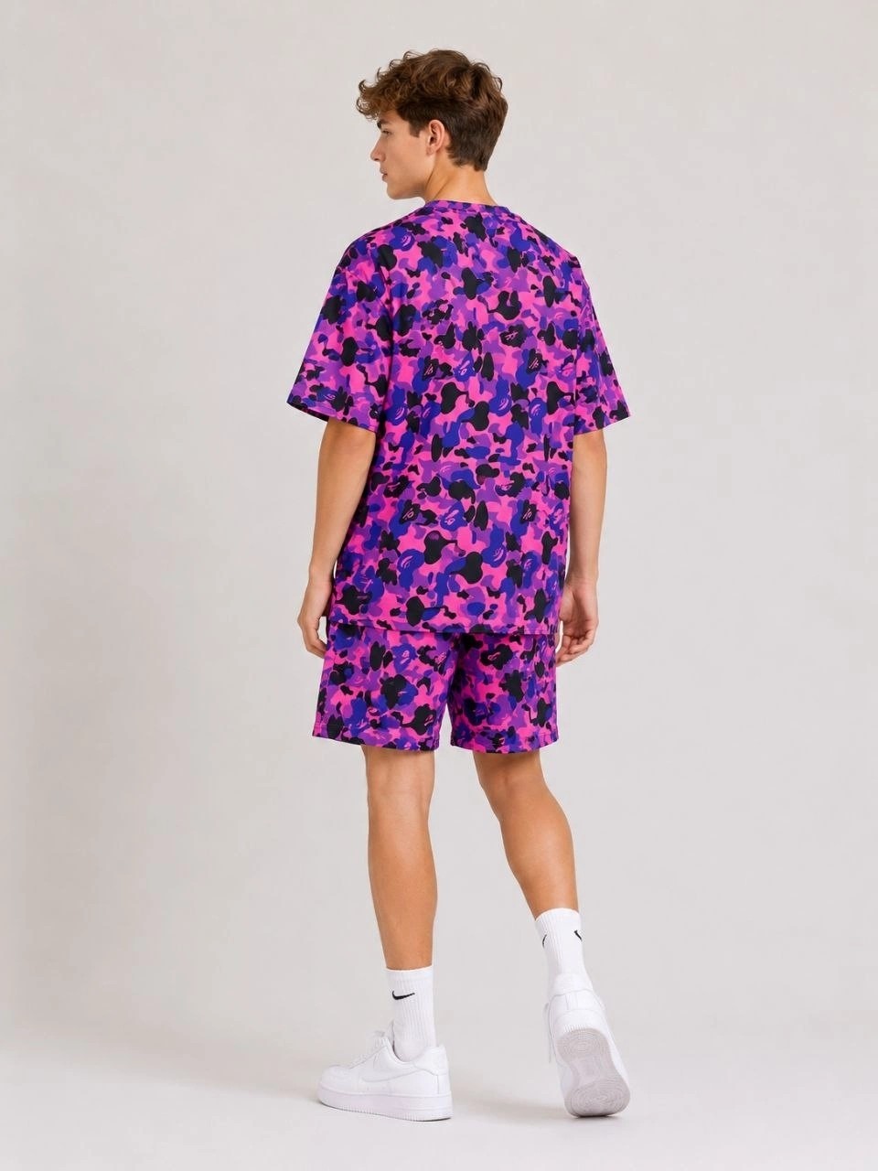 Hace Bazaar Erkek Çocuk Oversize Kalıp Pubg Bape x Shark Nakışlı Cepli Şort Takım - Mor -Hcb görsel 2