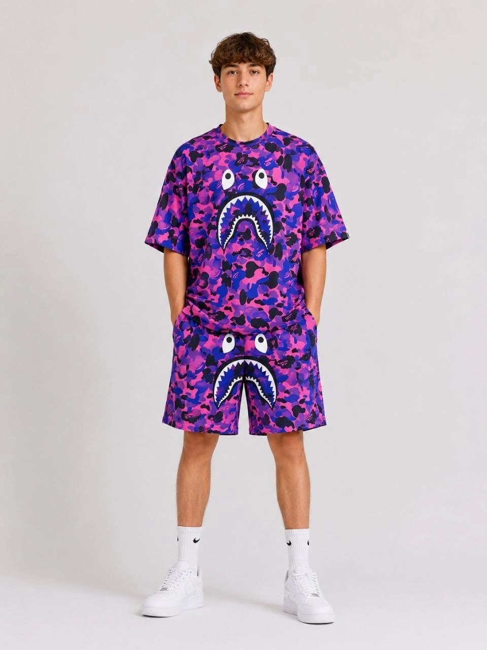 Hace Bazaar Erkek Çocuk Oversize Kalıp Pubg Bape x Shark Nakışlı Cepli Şort Takım - Mor -Hcb görsel 3