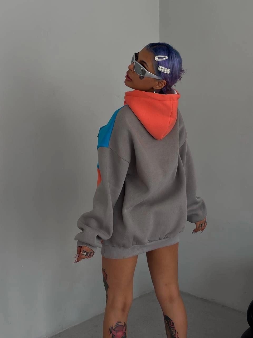 Tarz Yeri Kadın W Nakış Işlemeli Kapüşonlu 3 Iplik Pamuklu Parçalı Sweatshirt Hoodie - Mavi görsel 3