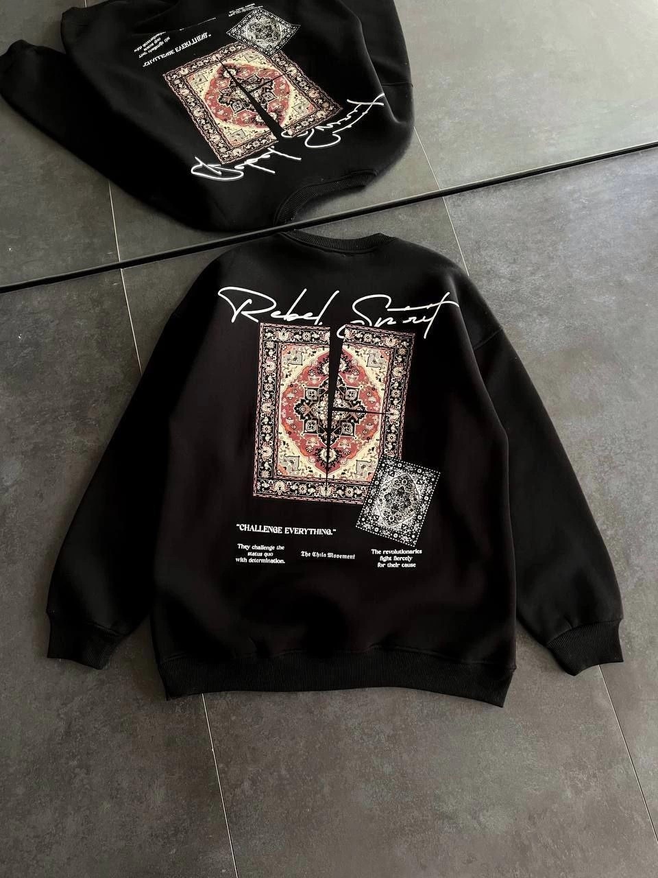 Tarz Yeri Kadın Bisiklet Yaka Kilim Halı Baskılı 3 Iplik Pamuklu Sweatshirt - Siyah görsel 2