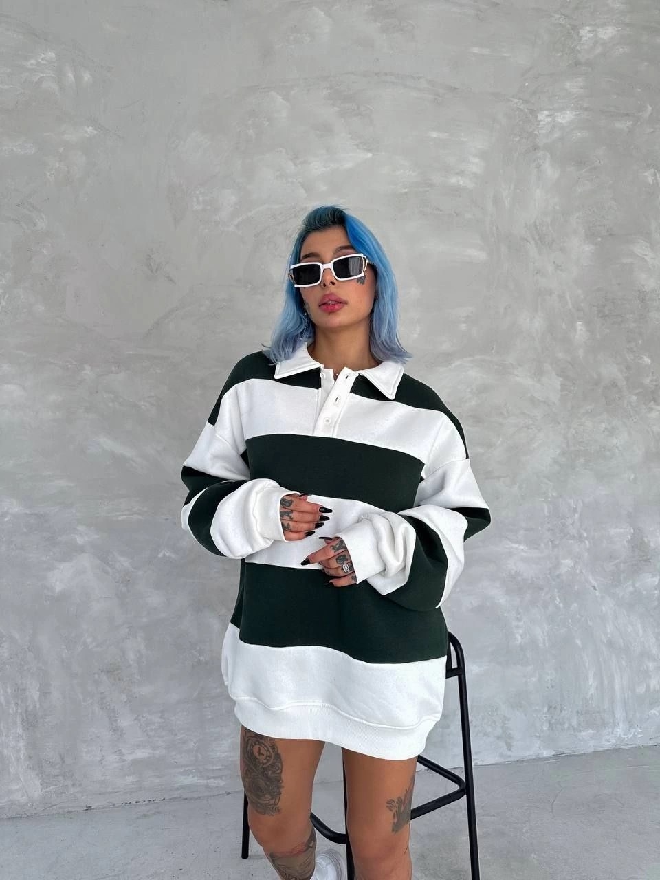 Tarz Yeri Kadın 3 Iplik Pamuklu Parçalı Yakalı Sweatshirt - Yeşil görsel 3