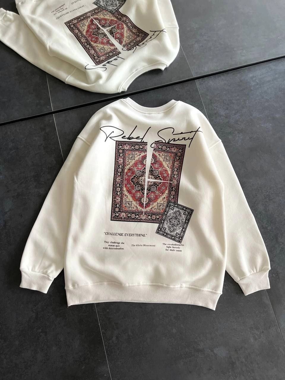Tarz Yeri Kadın Bisiklet Yaka Kilim Halı Baskılı 3 Iplik Pamuklu Sweatshirt - Beyaz görsel 2