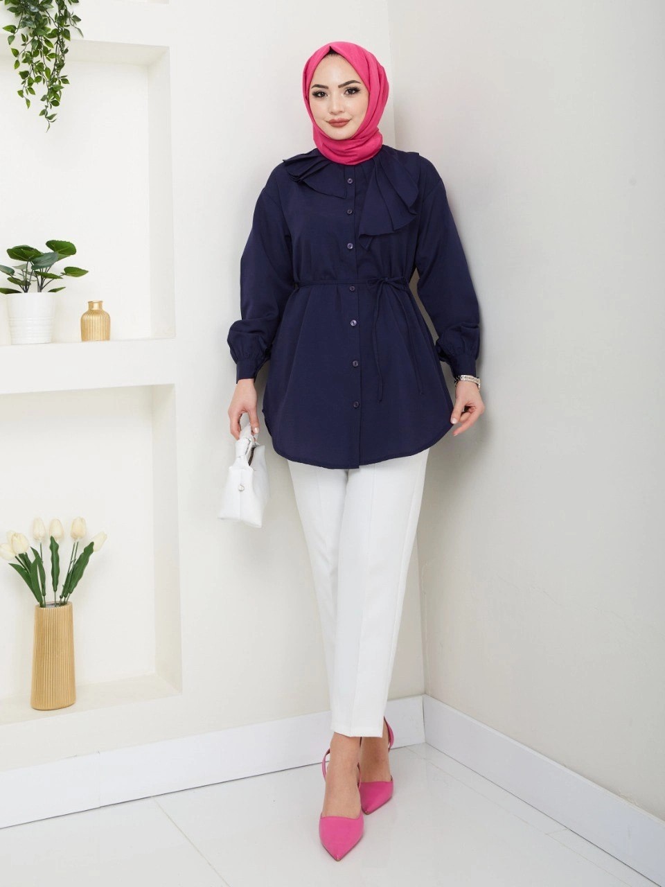 Nevayla Moda Tasarım Detay Bağlamalı Gömlek - Lacivert / Ü102