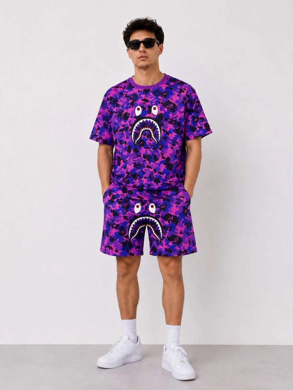 Hace Bazaar Erkek Oversize Kalıp Pubg Bape x Shark Nakışlı Cepli Şort Takım - Mor -Hcb görsel 3