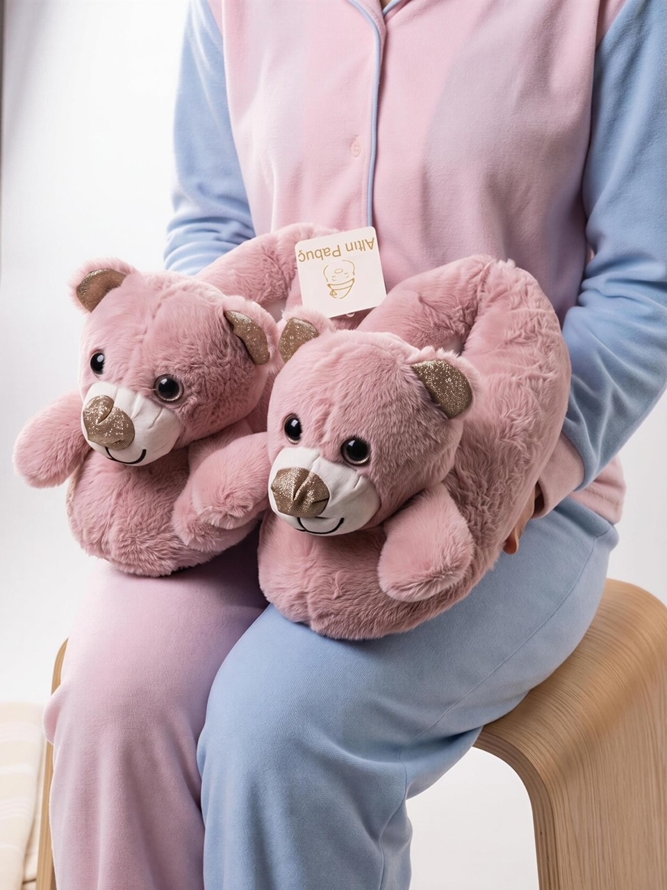 Altın Pabuç Kadın Hayvanlı Panduf Sıcak Tutan Peluşlu Rahat Yumuşak Kışlık Ayıcıklı Ev Terliği Pandifi ve Botu görsel 7