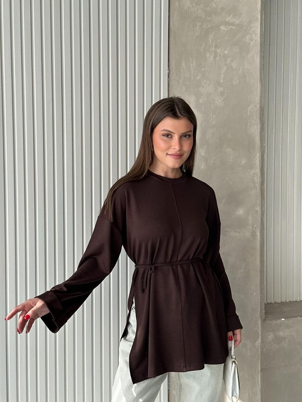 Trendparis Bisiklet Yaka Yan Yırtmaçlı Bağcıklı Tunik Siyah