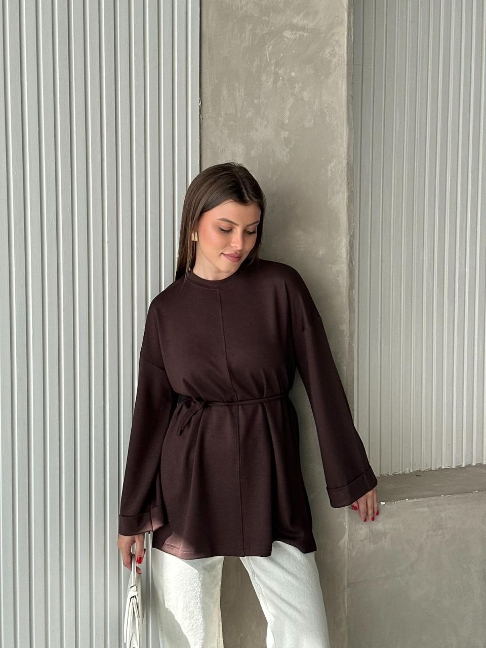 Trendparis Bisiklet Yaka Yan Yırtmaçlı Bağcıklı Tunik Siyah görsel 2