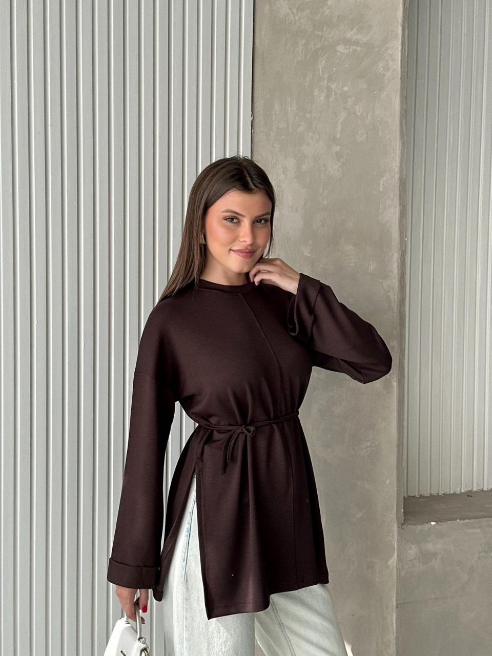 Trendparis Bisiklet Yaka Yan Yırtmaçlı Bağcıklı Tunik Siyah görsel 3