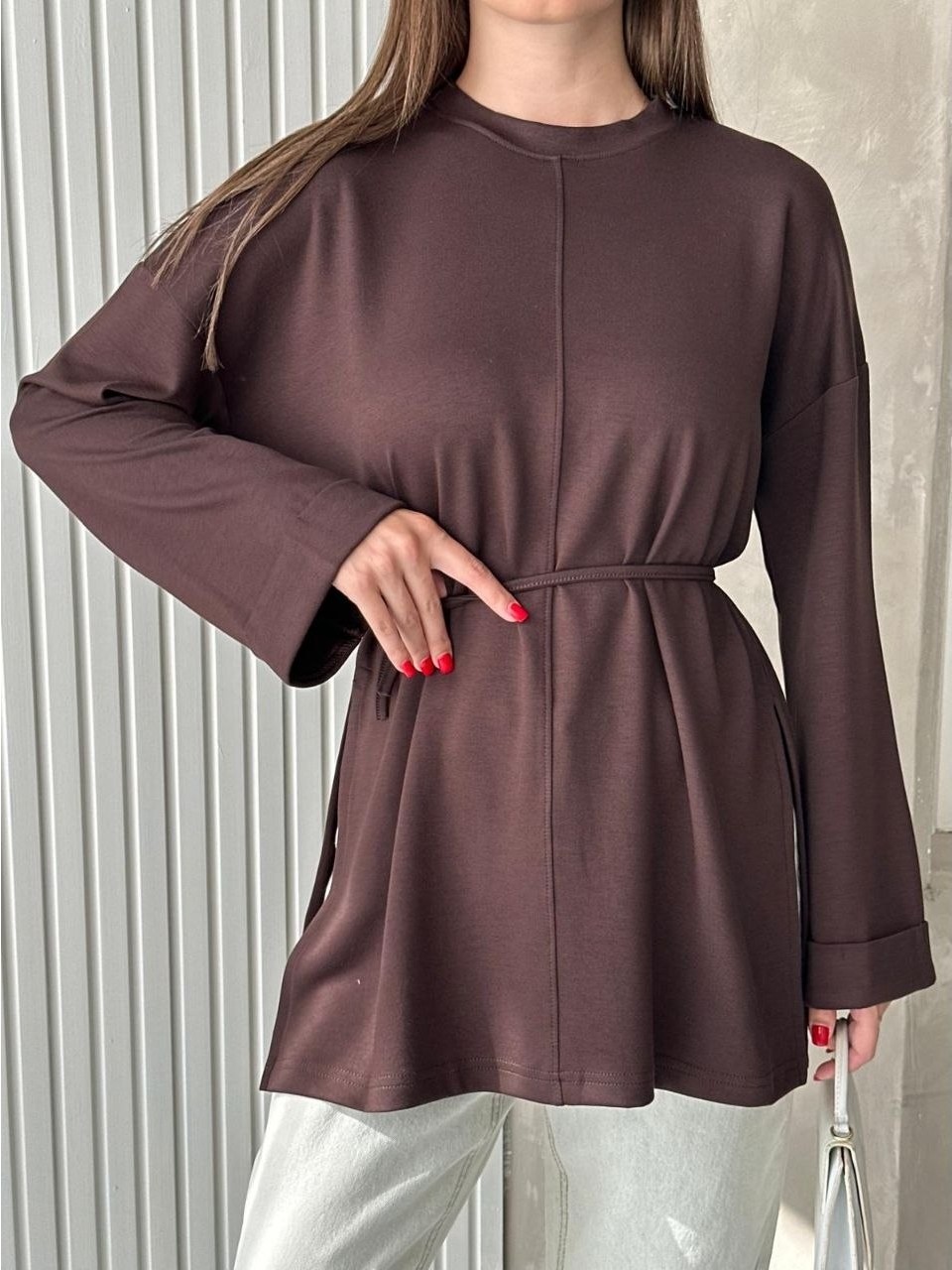 Trendparis Bisiklet Yaka Yan Yırtmaçlı Bağcıklı Tunik Siyah görsel 5