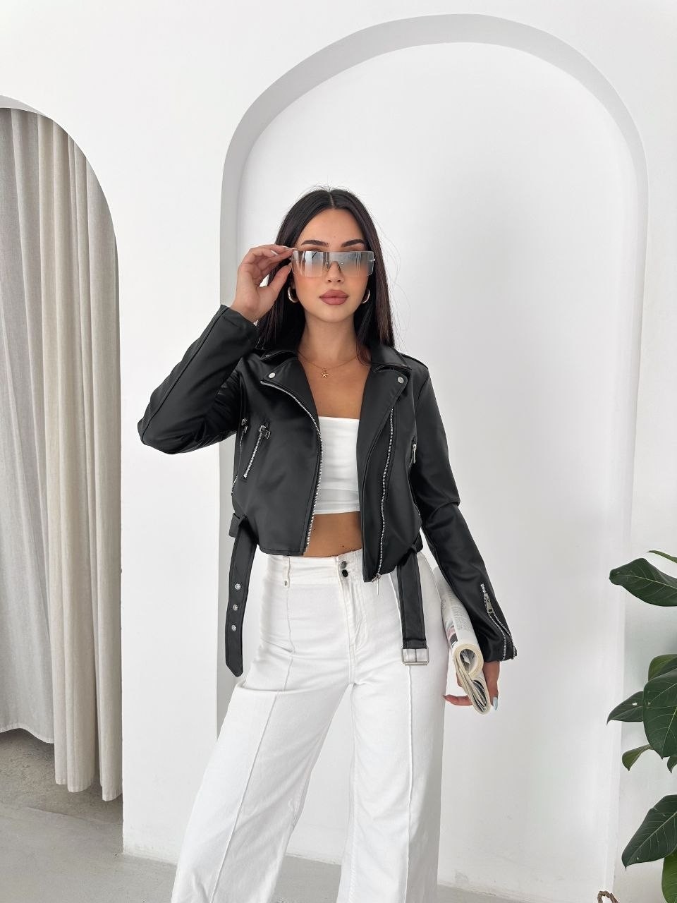 Boom Bester Kadın Suni Deri Biker Mont Fermuarlı Kuşak Detaylı Premium Kalite Deri