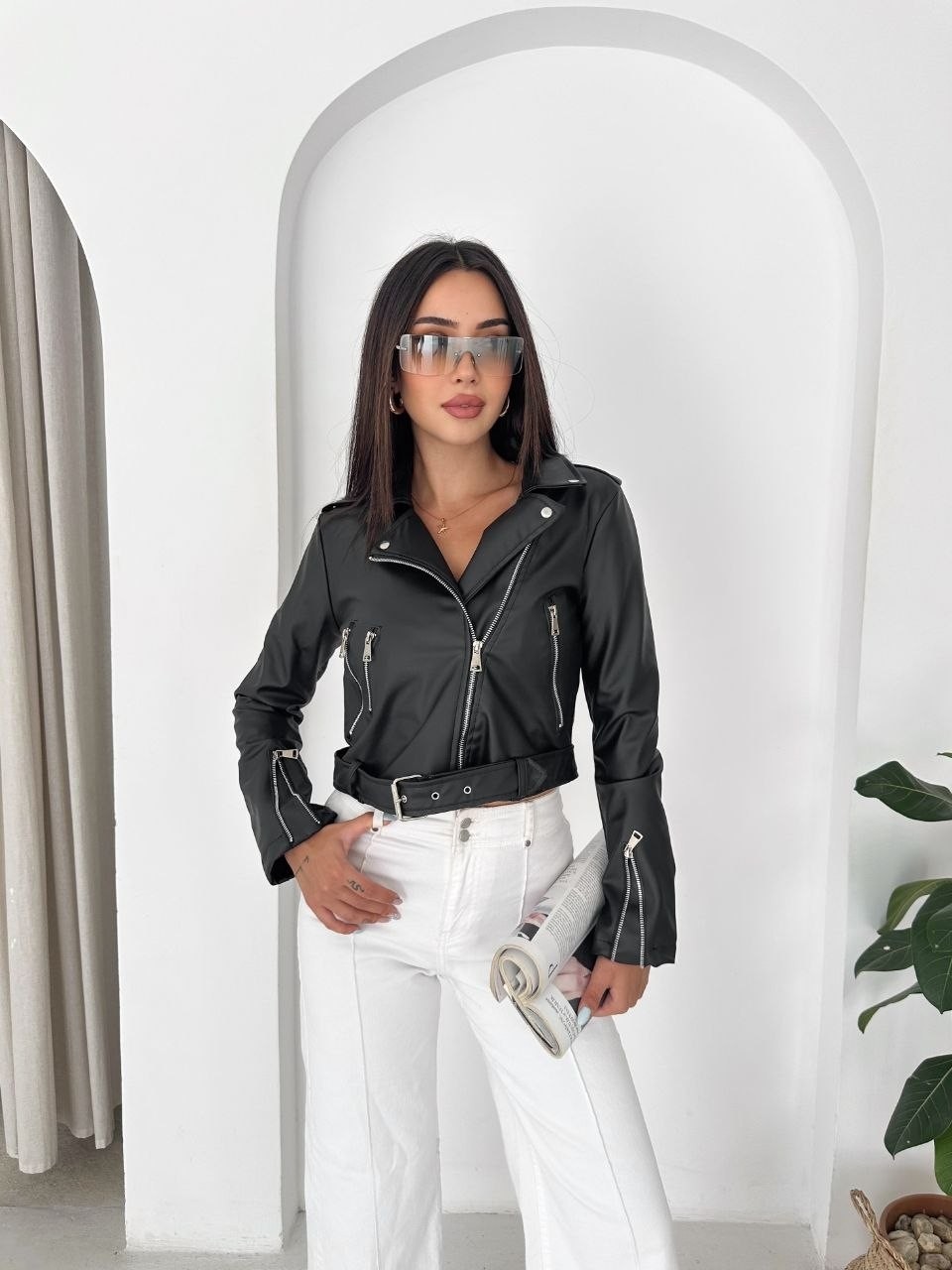 Boom Bester Kadın Suni Deri Biker Mont Fermuarlı Kuşak Detaylı Premium Kalite Deri görsel 3