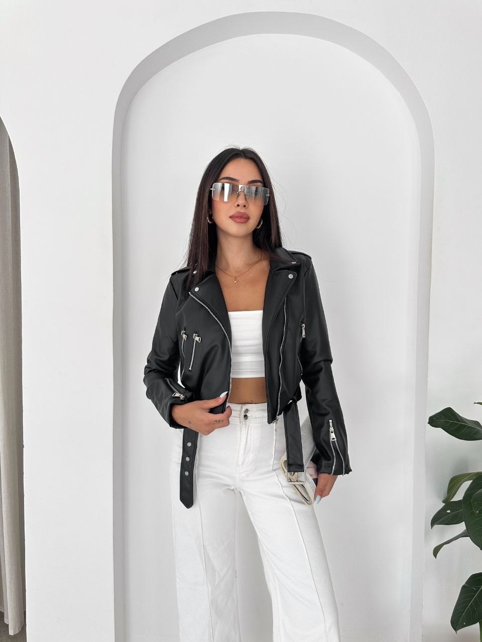 Boom Bester Kadın Suni Deri Biker Mont Fermuarlı Kuşak Detaylı Premium Kalite Deri görsel 5