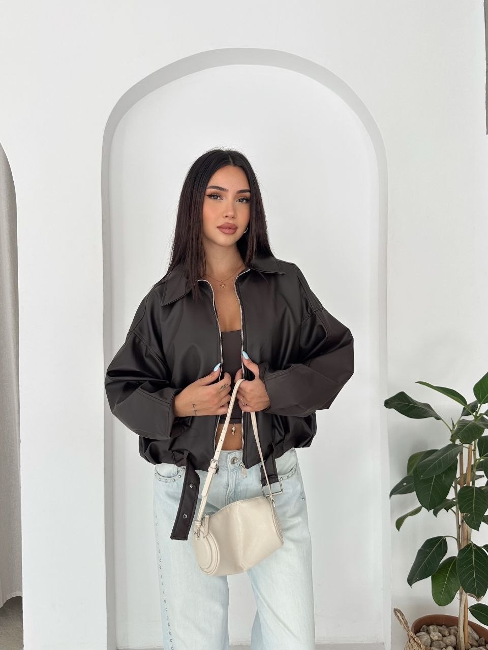Boom Bester Kadın Siyah Oversize Suni Deri Bomber Mont | Kemer Detaylı Premium
