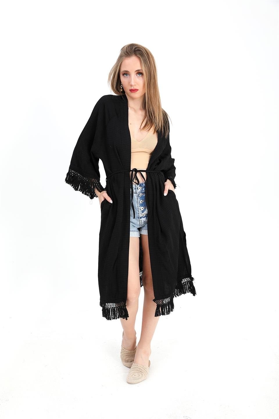 Isawella Kimono Palmiye Baskılı Püsküllü - Ekru görsel 8