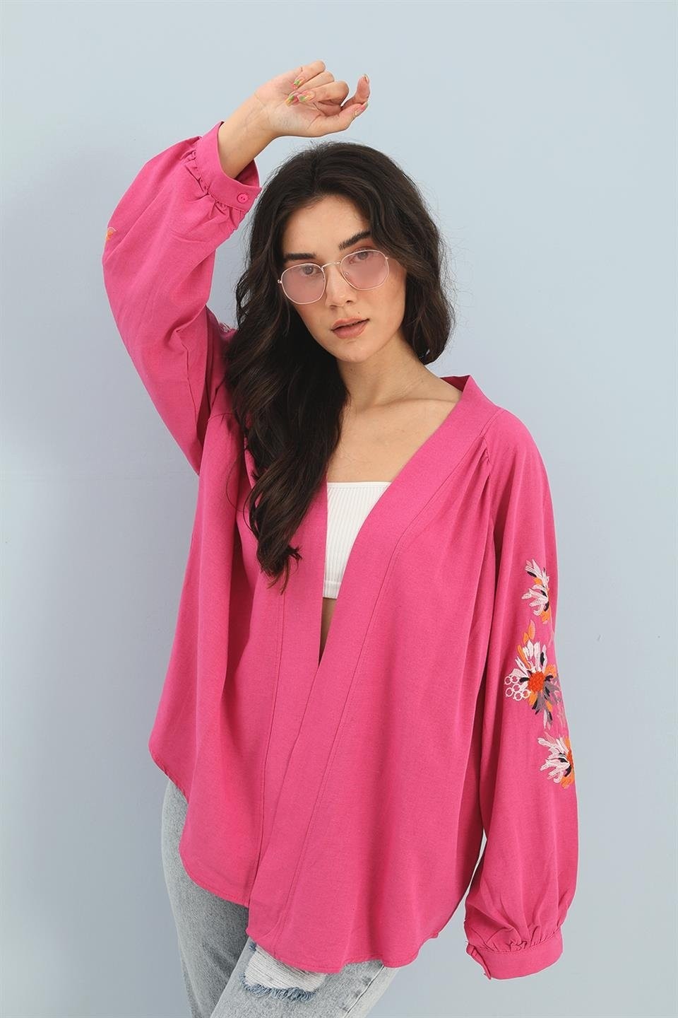 Isawella Kimono Reglan Kol Nakışlı Keten - Fuşya