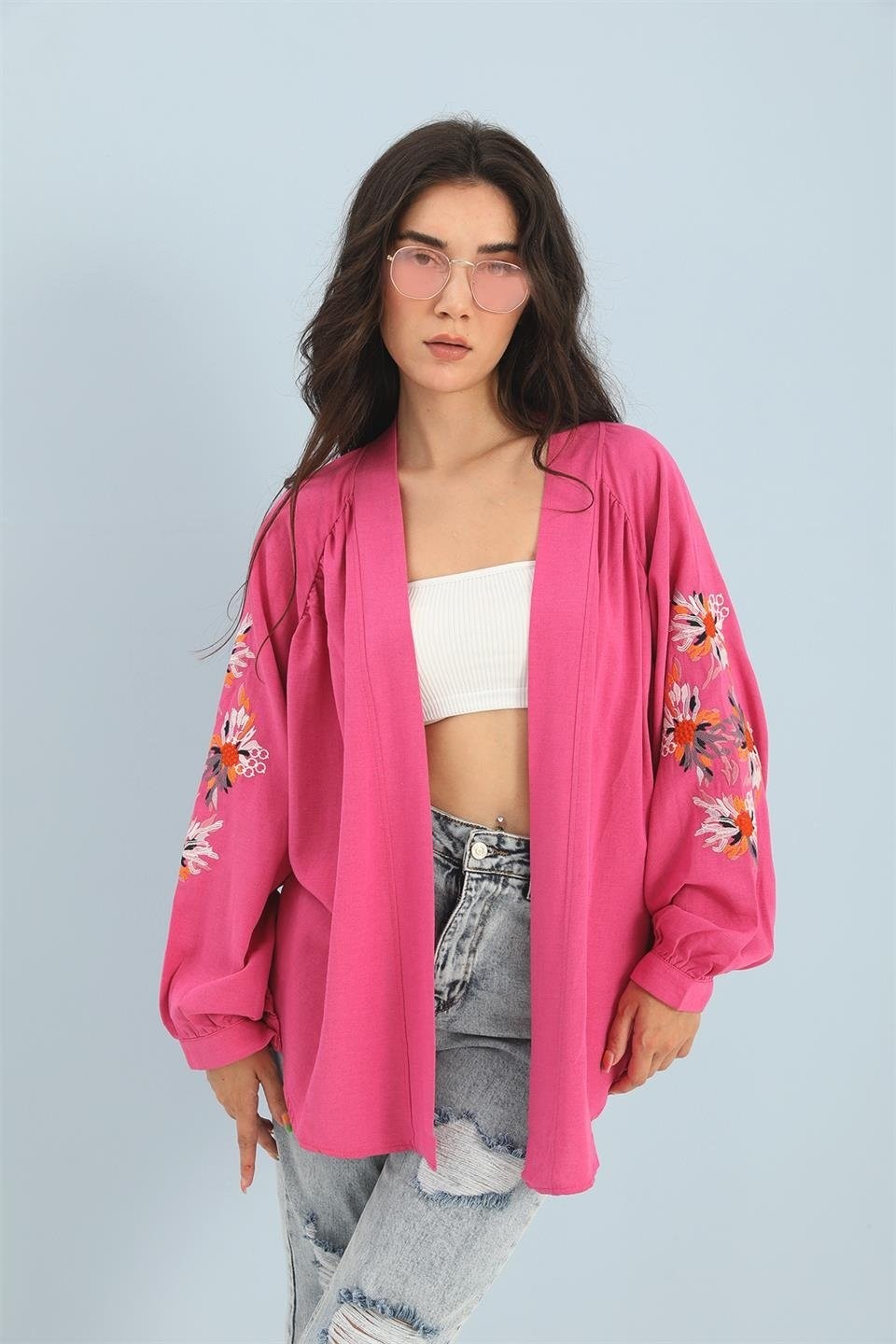 Isawella Kimono Reglan Kol Nakışlı Keten - Fuşya görsel 2