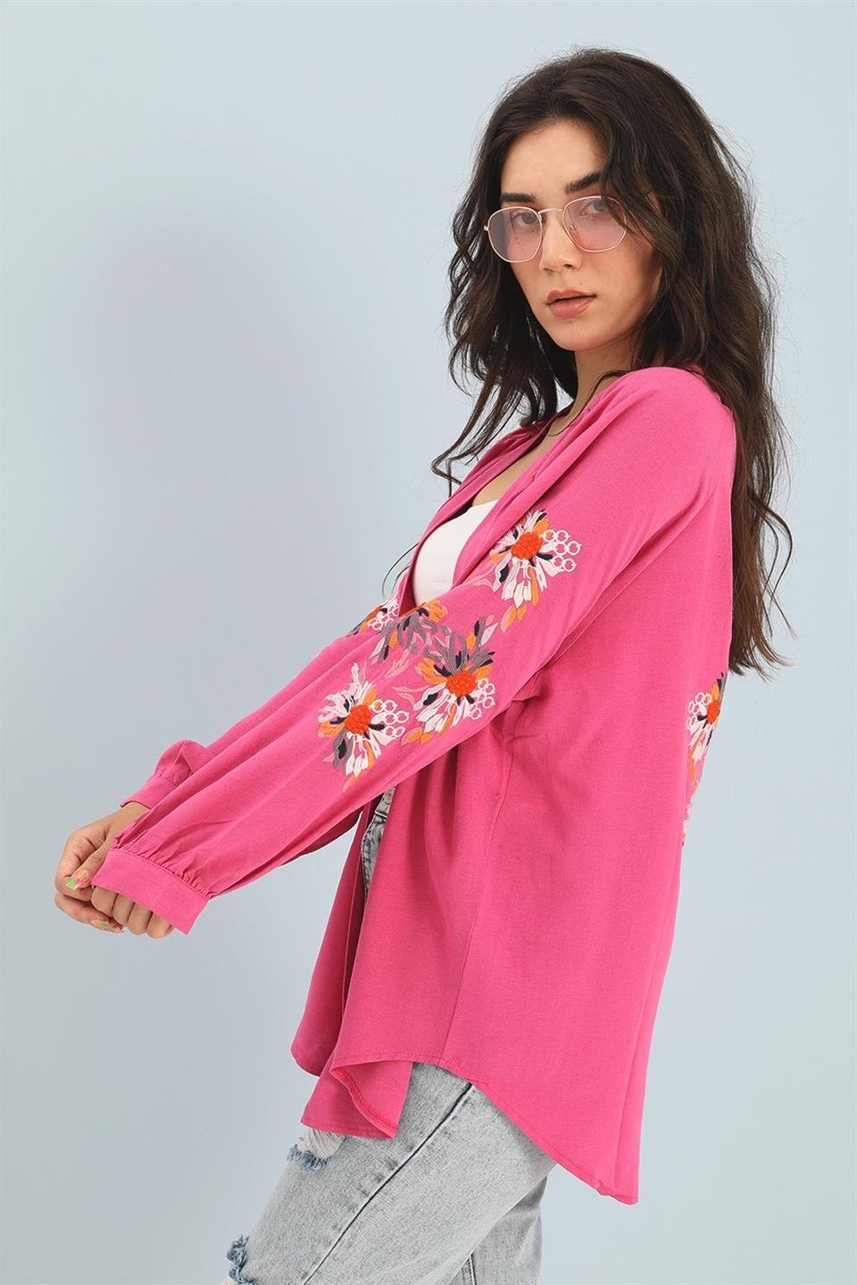Isawella Kimono Reglan Kol Nakışlı Keten - Fuşya görsel 3