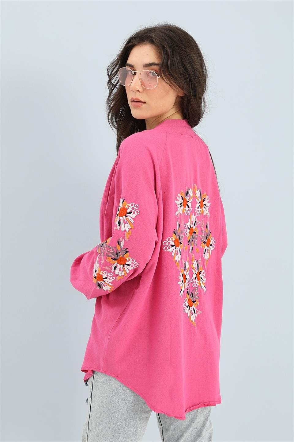 Isawella Kimono Reglan Kol Nakışlı Keten - Fuşya görsel 4