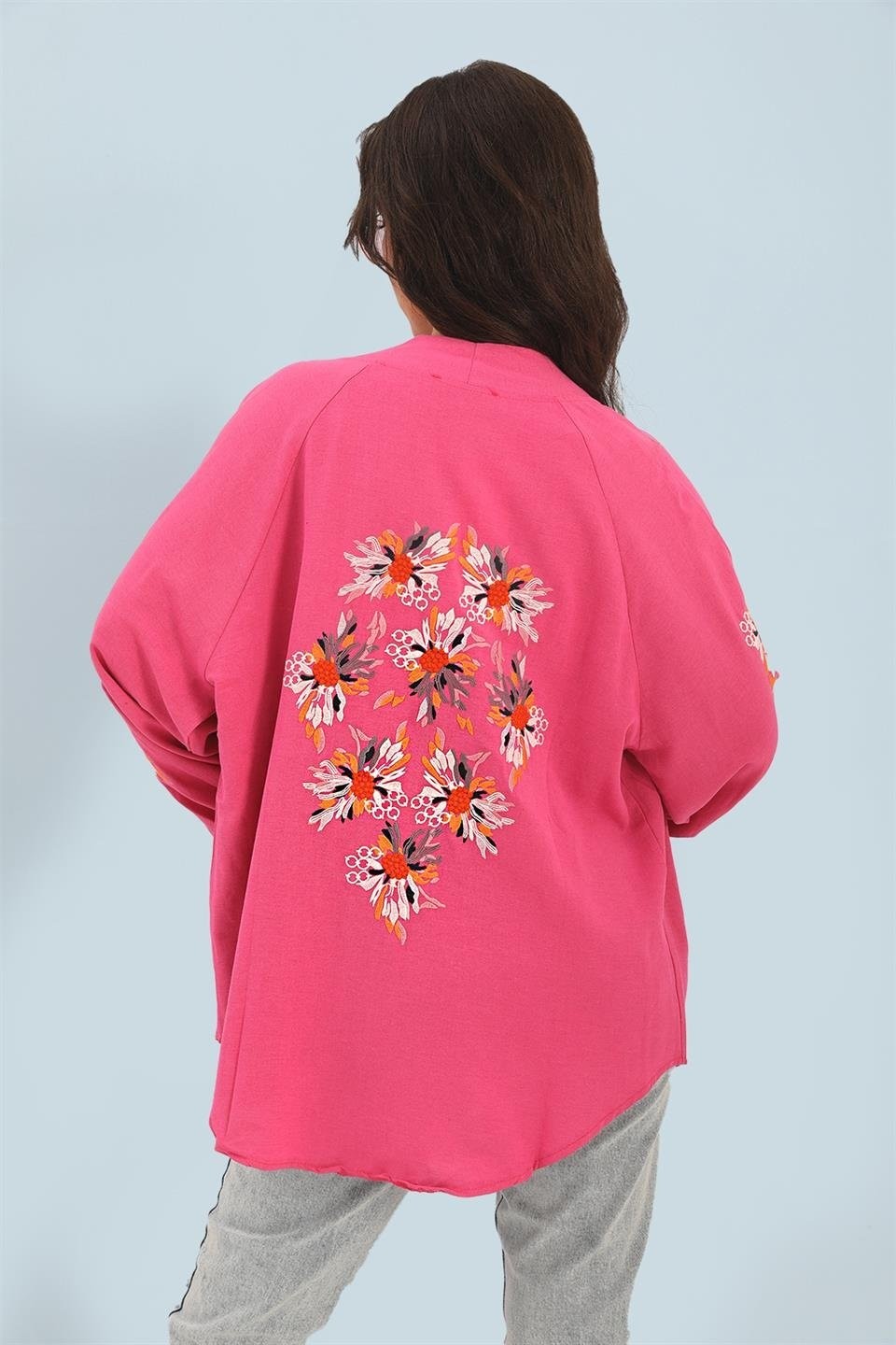 Isawella Kimono Reglan Kol Nakışlı Keten - Fuşya görsel 5