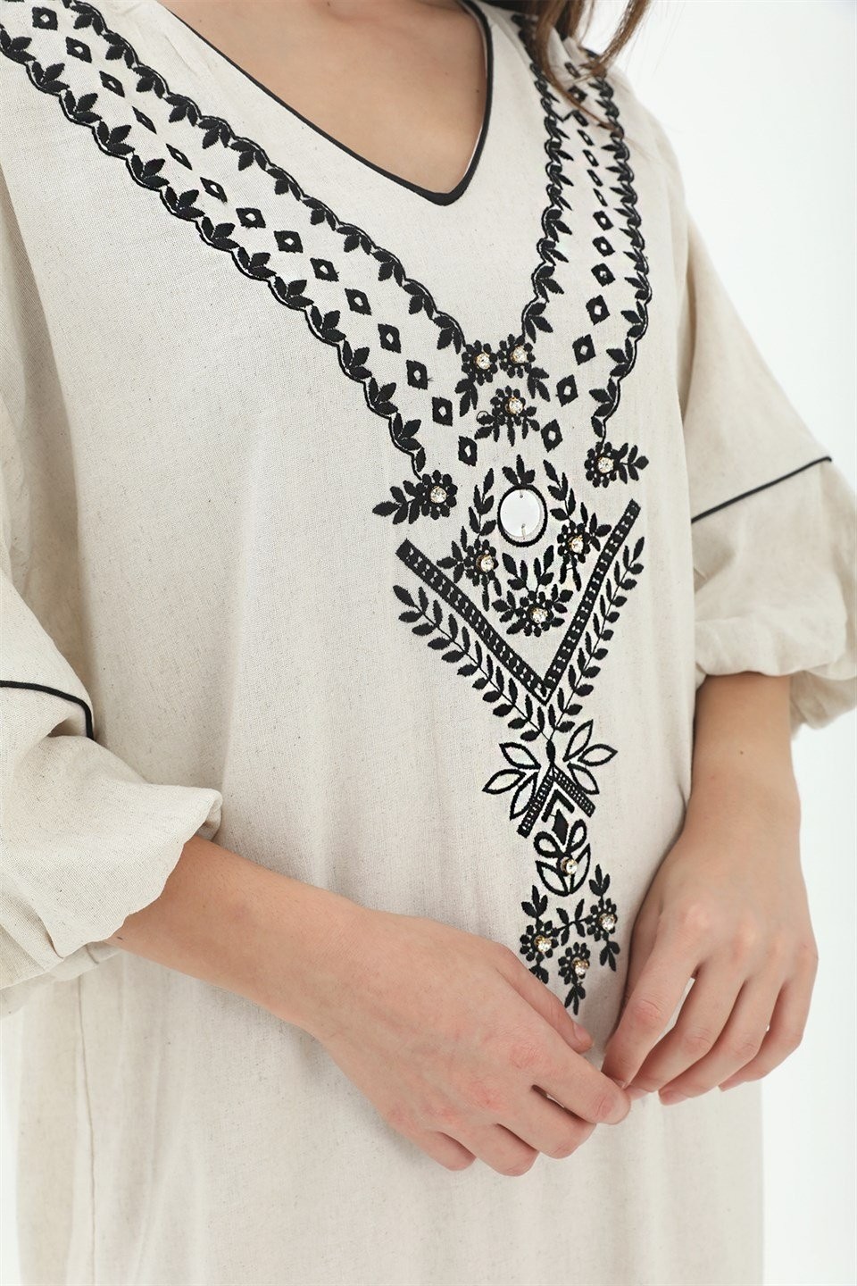 Isawella Balon Kol Nakışlı Kimono - Taş görsel 6
