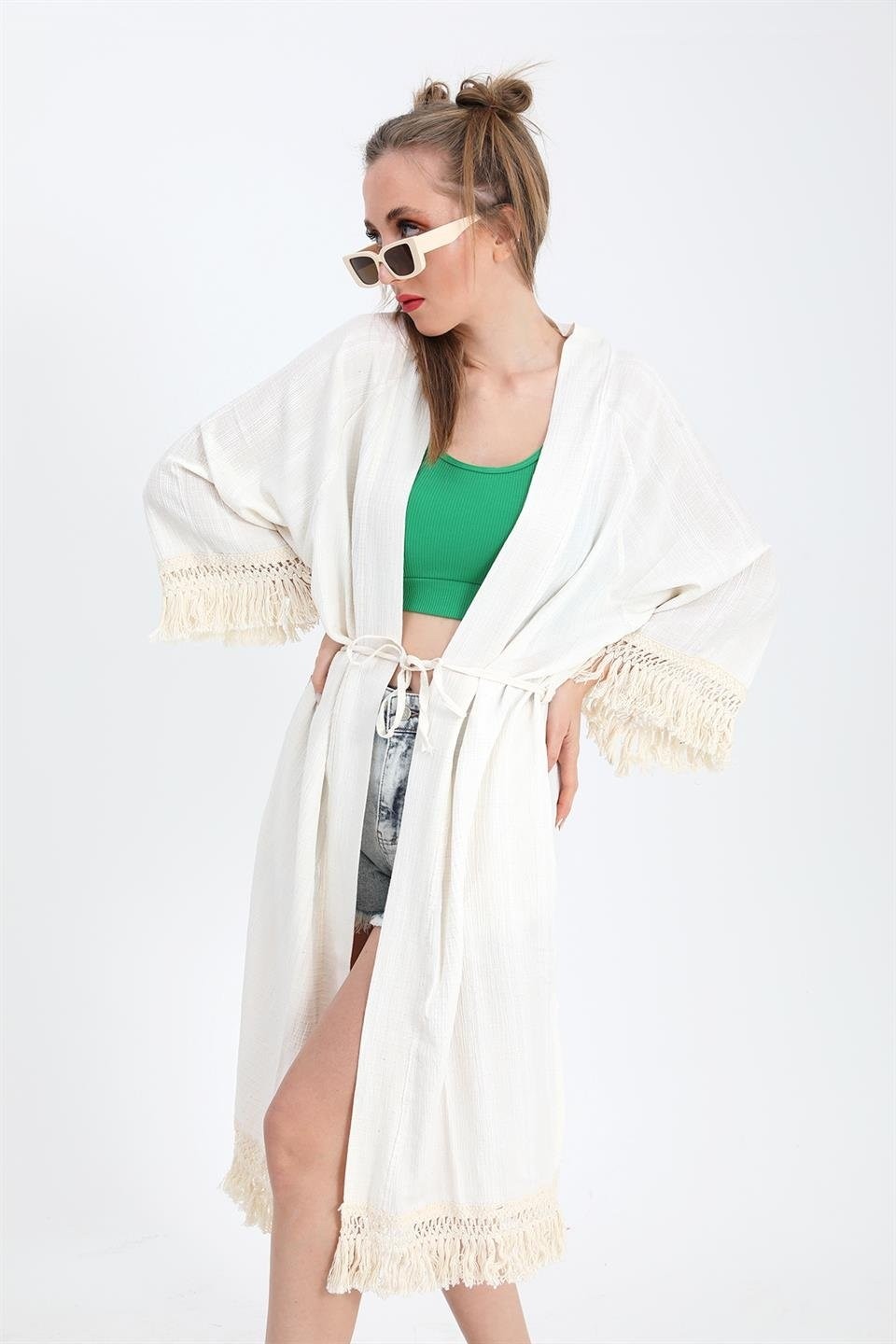 Isawella Kimono Palmiye Baskılı Püsküllü - Ekru