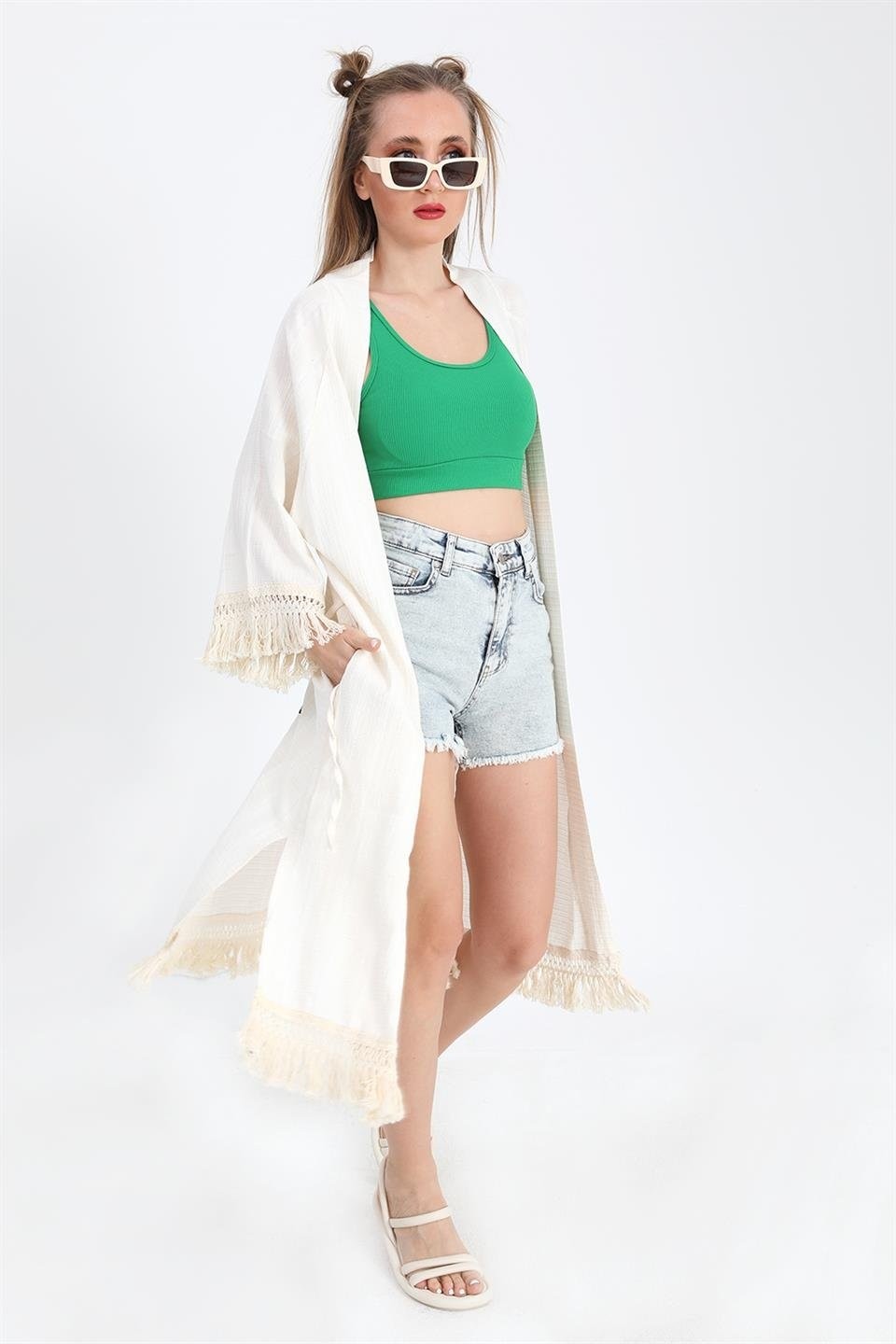 Isawella Kimono Palmiye Baskılı Püsküllü - Ekru görsel 2