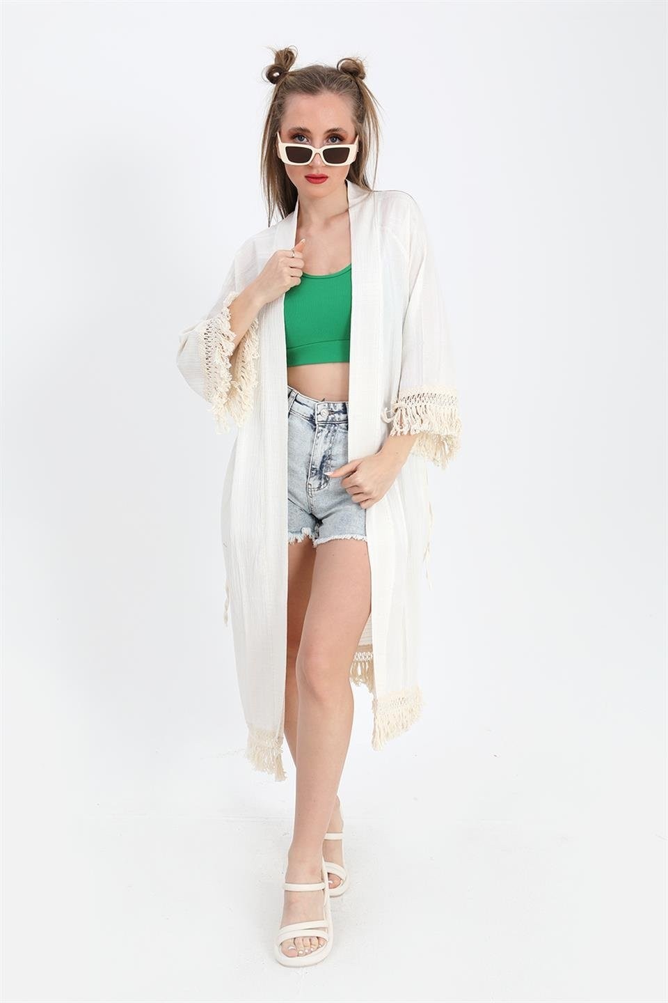 Isawella Kimono Palmiye Baskılı Püsküllü - Ekru görsel 3