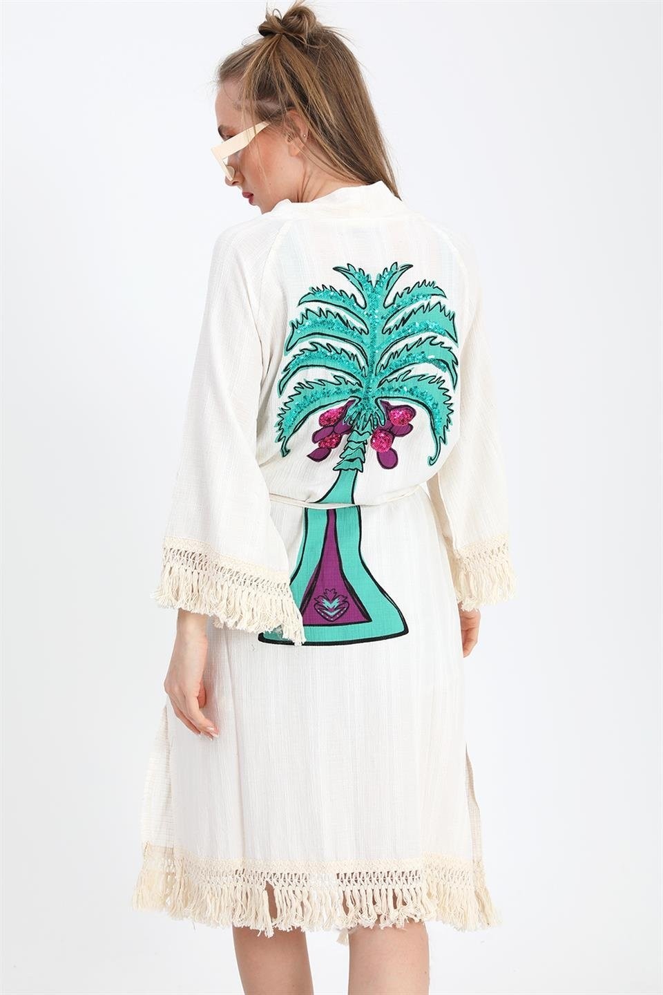 Isawella Kimono Palmiye Baskılı Püsküllü - Ekru görsel 5