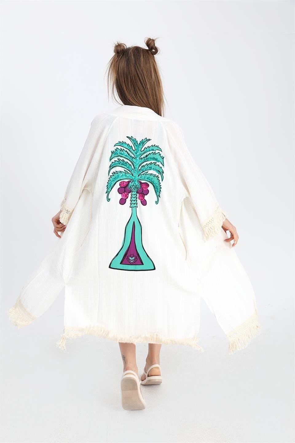 Isawella Kimono Palmiye Baskılı Püsküllü - Ekru görsel 6