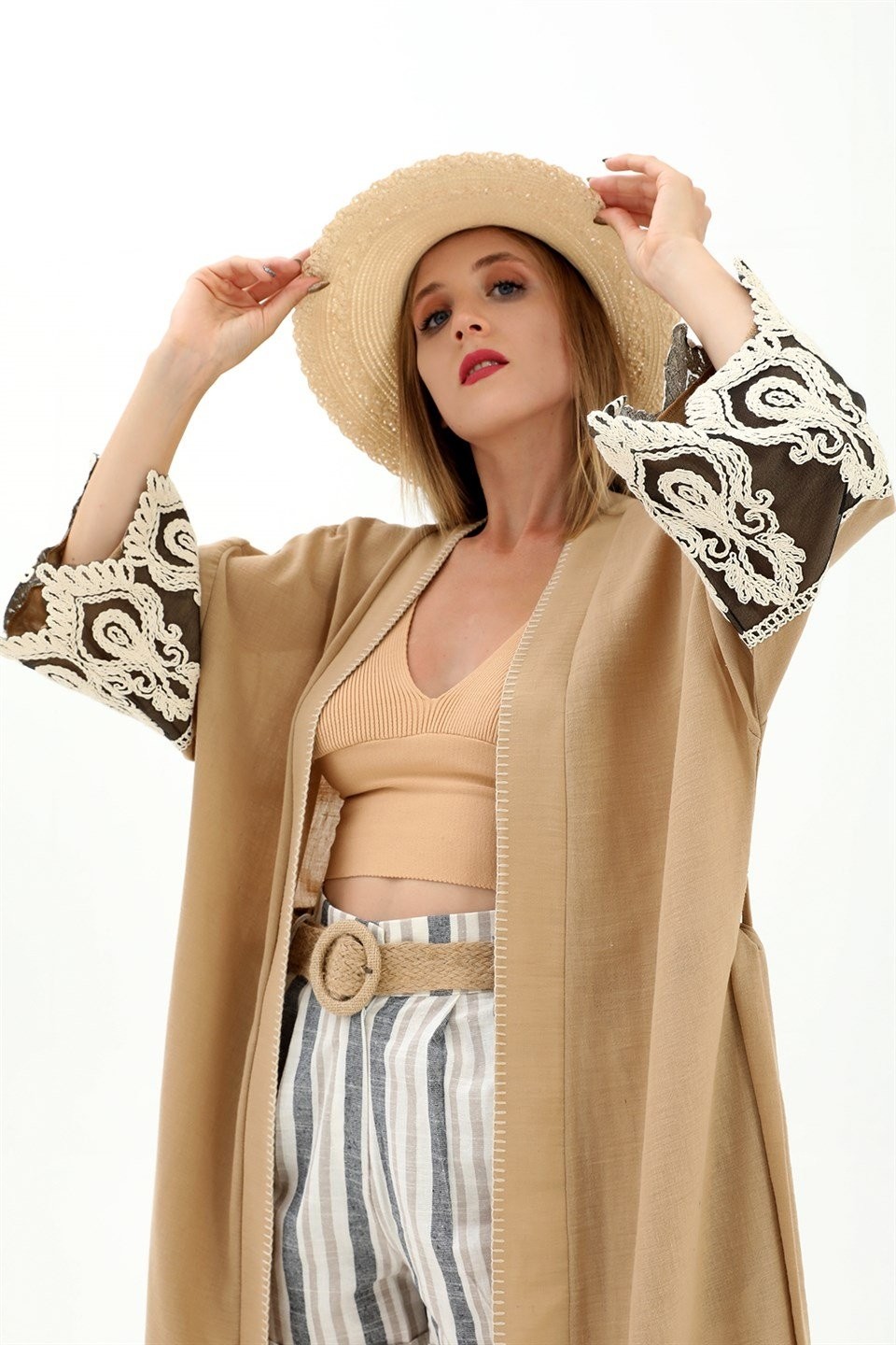 Isawella Kolları Dantelli Keten Kimono - Vizon